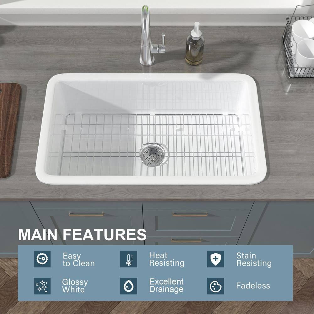 32" L x 19" W Single Bowl Fireclay Kitchen Sinks White with Bottom Grids and Basket Strainer