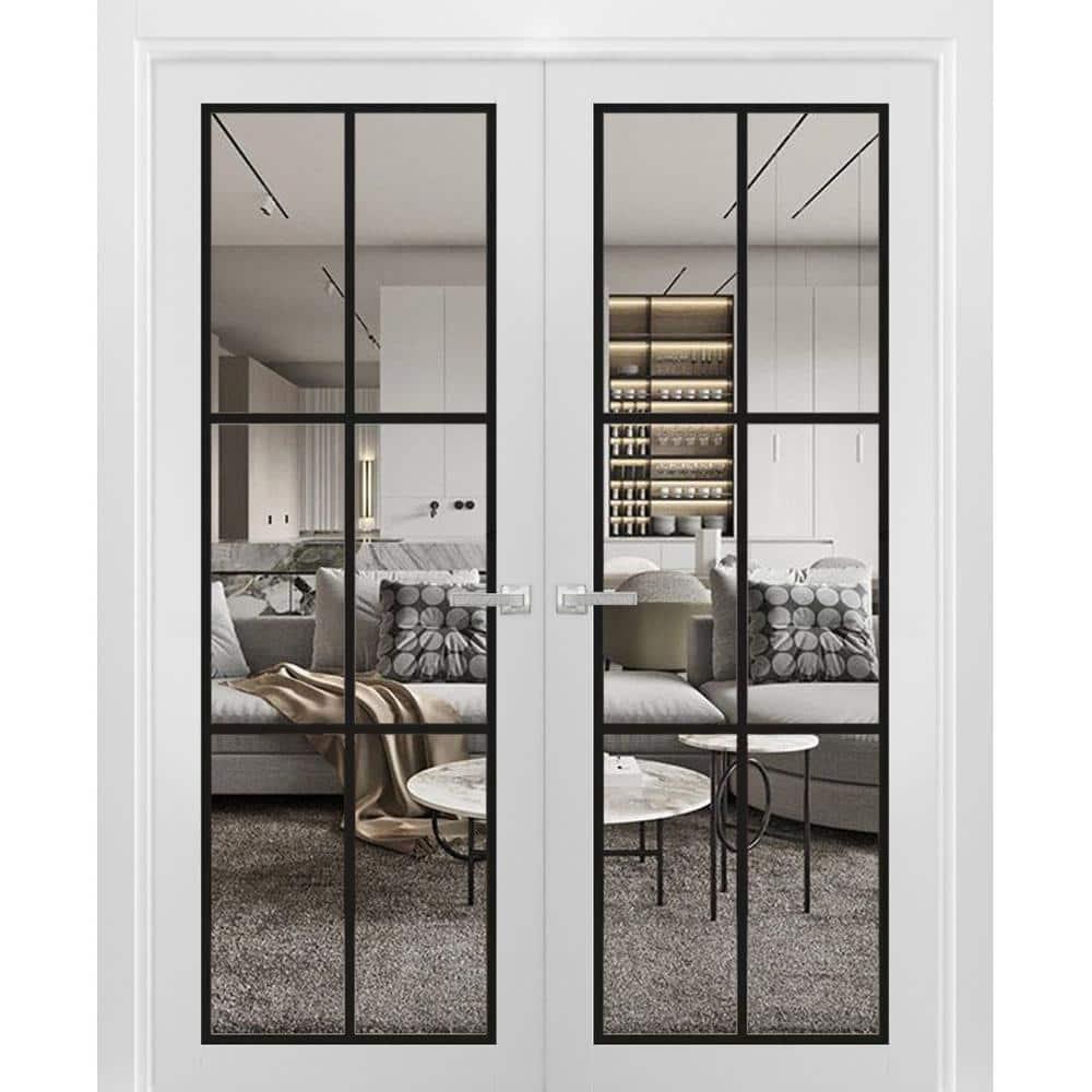 SARTODOORS Stain Resistant Solid French Double Doors With Clear Glass and Frames, Solid Pine Wood White Silk, 60" x 96", 110 lbs