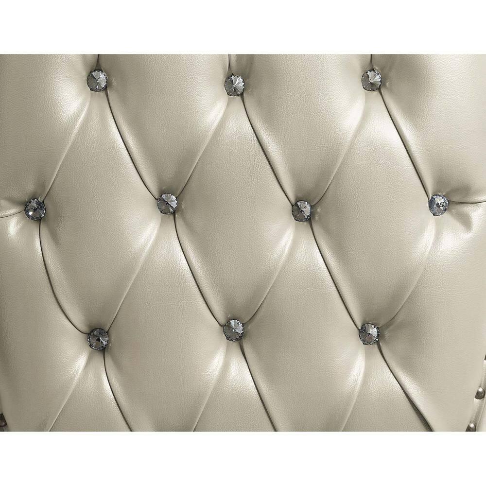 Benjara Kin King Size Bed, Ornate Vintage White, Tufted Beige Faux Leather