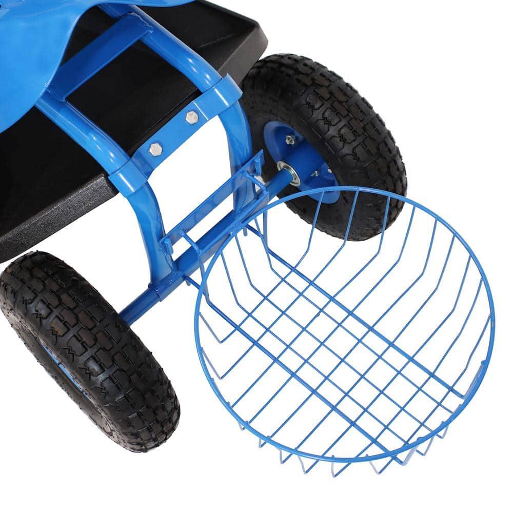 Sunnydaze Outdoor Heavy-Duty Steel Rolling Gardening Cart with Extendable Steer Handle, Swivel Chair, Tool Tray, and Basket - Blue