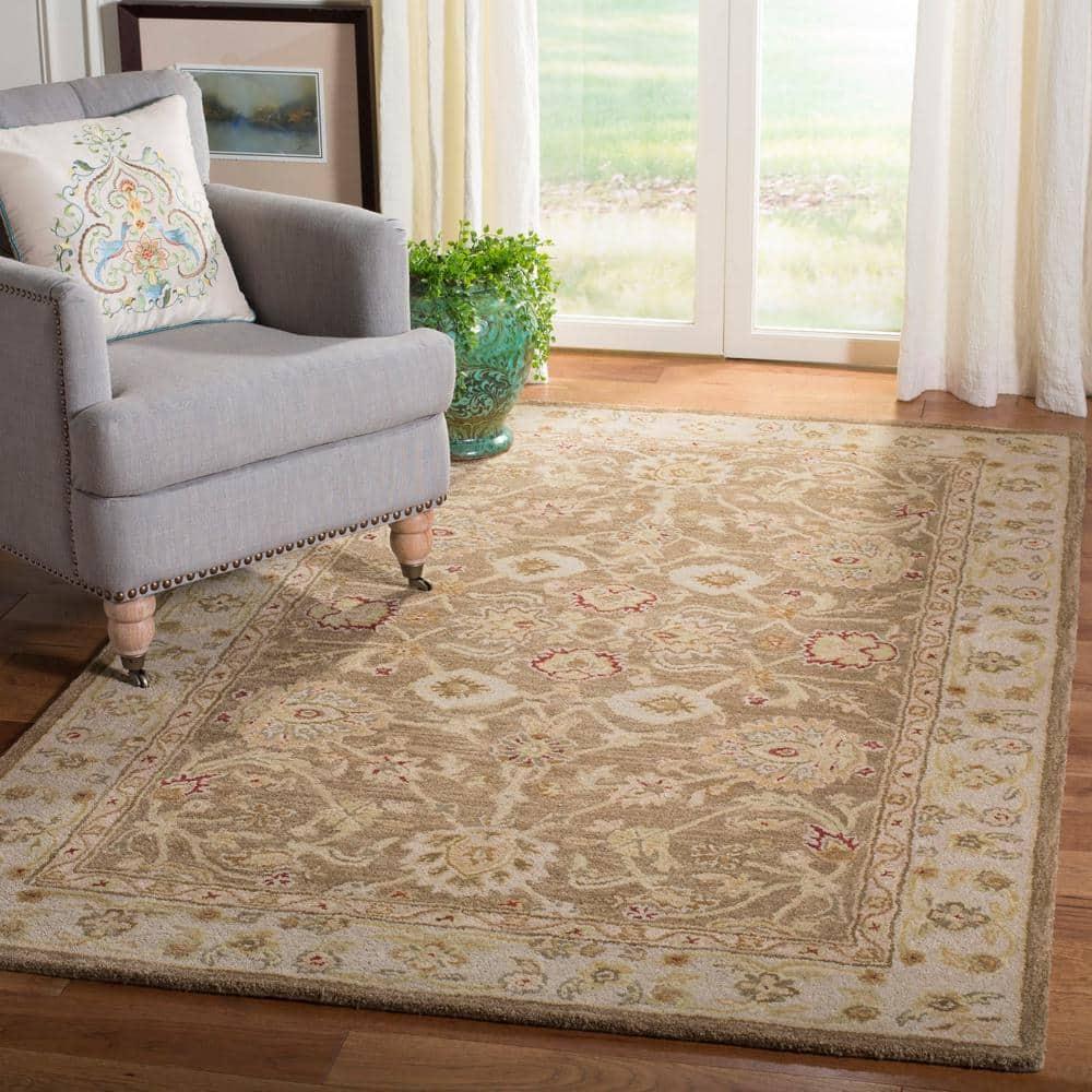 Handmade Tufted Tan/Ivory Floral Wool Square Rug 8'x8'