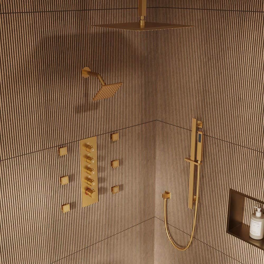 GRANDJOY 16 inch Complete Dual Shower Head System, Celling Mounted Shower Faucet Set with Hand Shower Head, Rough in-Valve, 6 Massage Body Jets - Brushed Gold