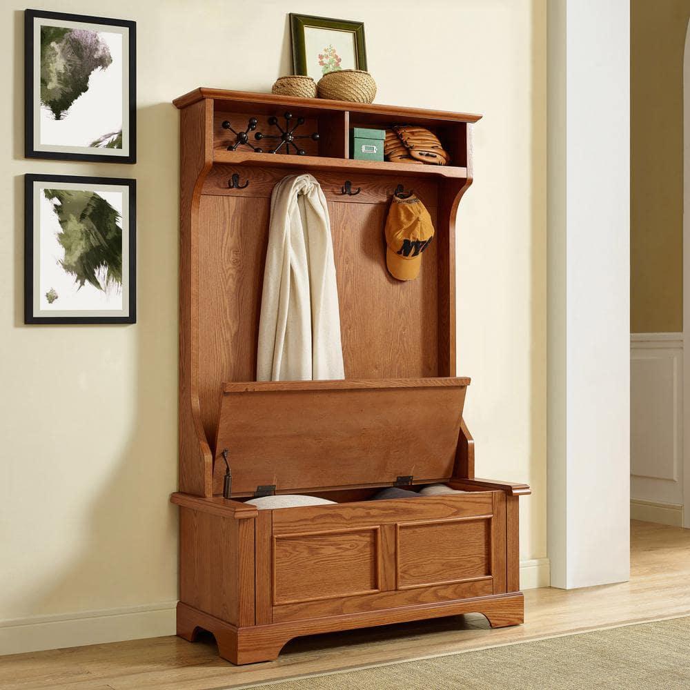 Campbell Hall Tree Oak - Crosley: Spacious Bench, 4 Double Hooks, Shoe Storage