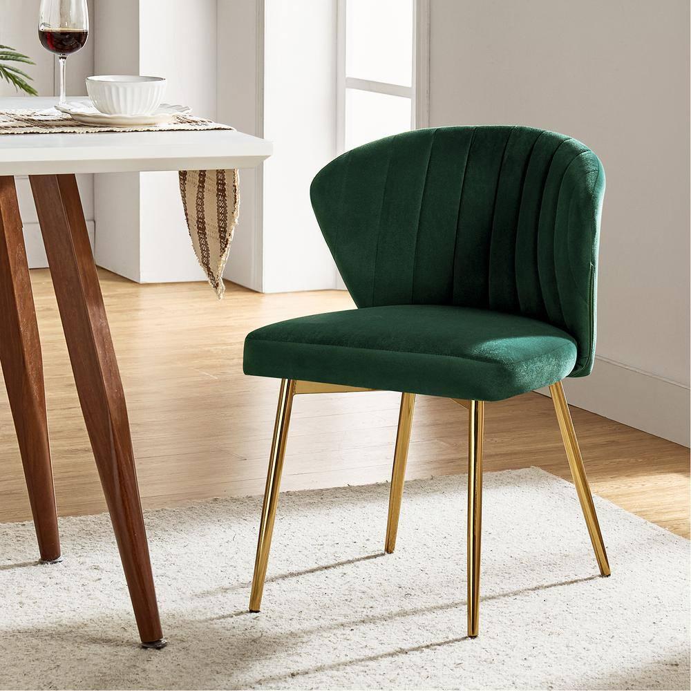 Velvet Wingback Dining Chair Upholstered Makeup Vanity Chair Gold Metal Legs Home Bedroom Green