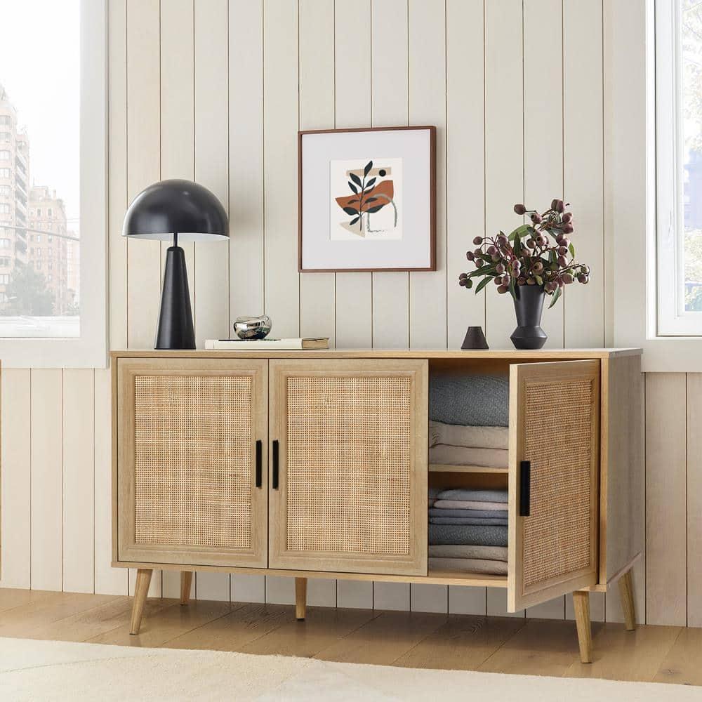 LuxenHome Rattan Buffet Cabinet with Storage, 47" Light Oak Finish Wood Accent Sideboard Cabinet with 3-Door, Boho Coffee Bar Console Table
