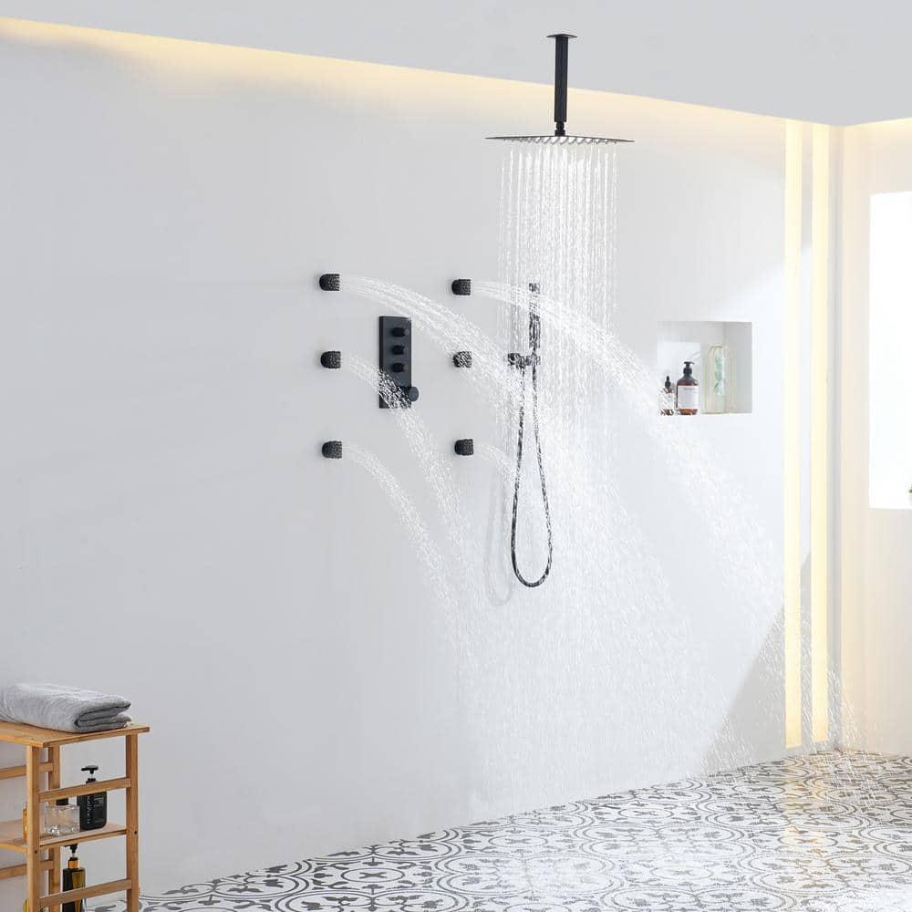 3 Functions 12 Inch Ceiling Mounted Thermostatic Shower System with 6 Body Jets