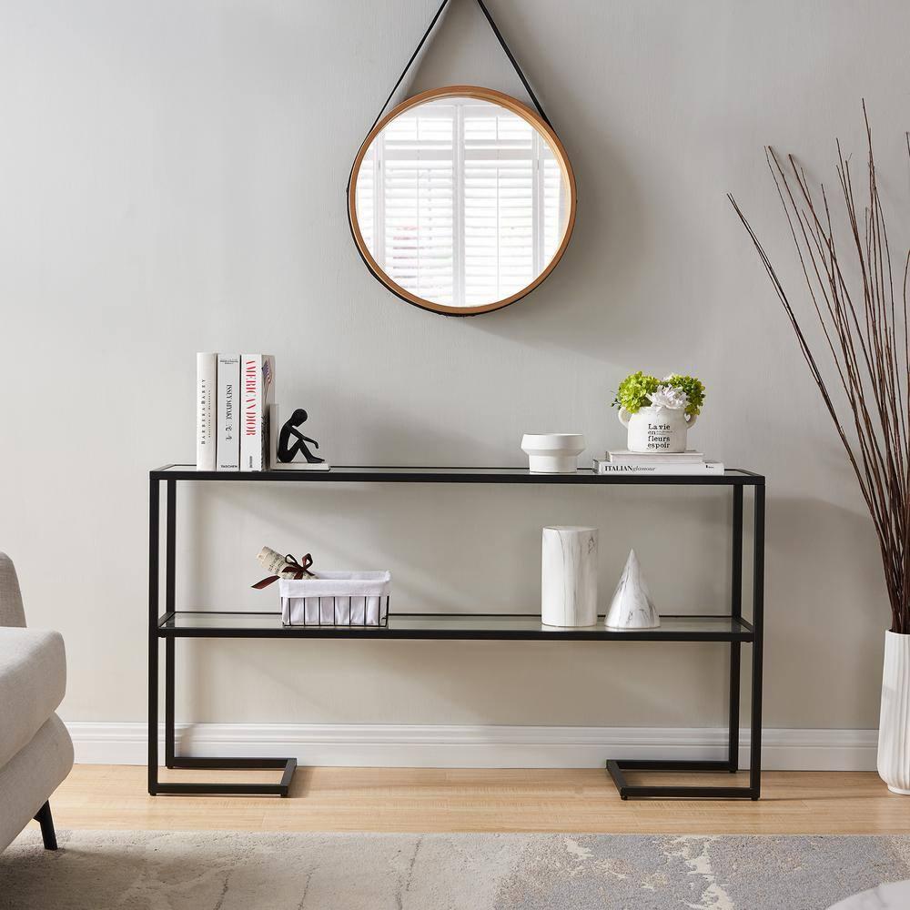 Evelyn&Zoe Errol 55" Wide Rectangular Console Table with Glass Top, Blackened Bronze