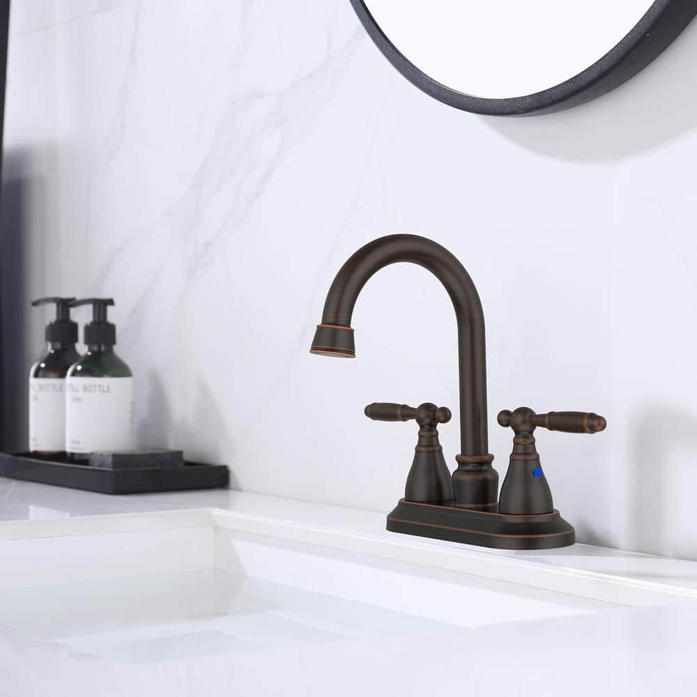 Oil Rubbed Bronze Bathroom Faucet - 360 Degree Swivel Spout, 4 Inch Centerset, Modern Design, 3 Hole Lavatory Faucet