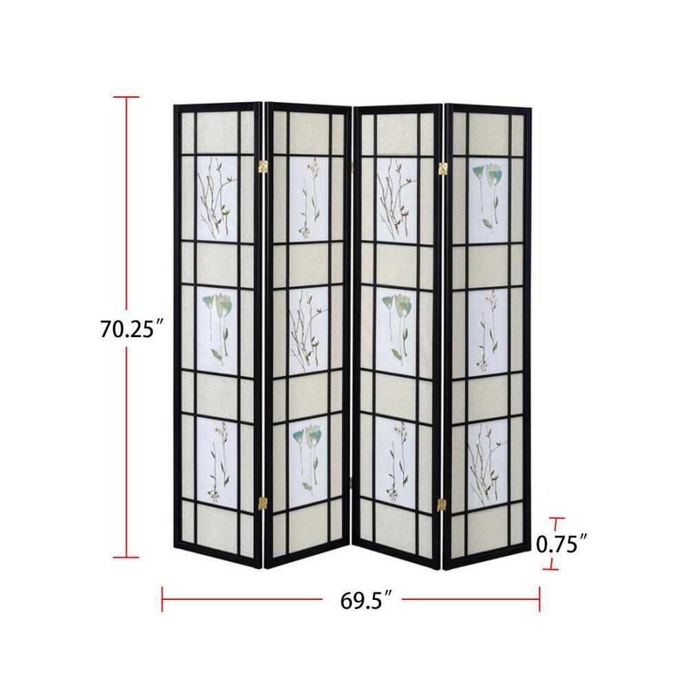 4-Panel Folding Screen with Floral Motif, Multicolor