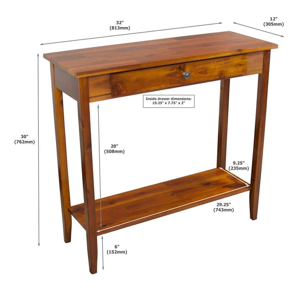 Casual Contemporary Living Solid Acacia Console Table with Drawer & Bottom Shelf- Mahogany
