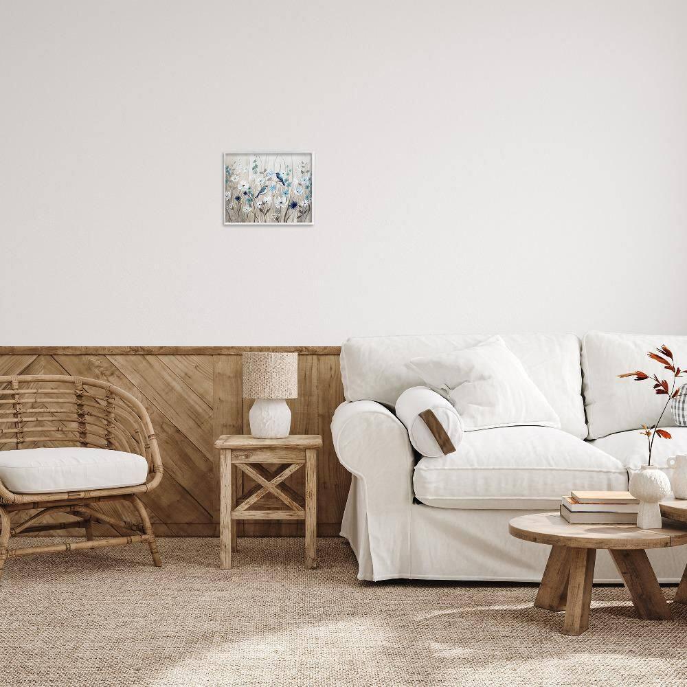 Stupell Birds in Meadow Blue Blossoms White Framed Giclee, 11 x 14