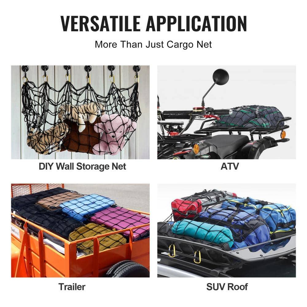 VEVOR Cargo Net for Pickup Truck Bed 4' x 6' Stretches to 7.2' x 10.8', Small 4"x4" Latex Bungee Net Mesh with 12 Steel D-Shaped Carabiners, Storage Bag, Suitable for Pickup, Jeep, SUV, Trailer