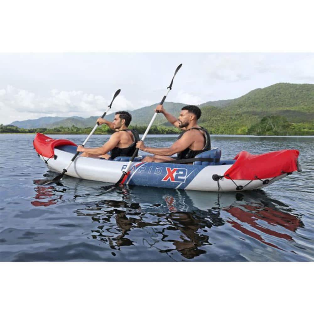 Bestway Hydro-Force Rapid X2 Inflatable 2 Person Kayak Outdoor Lake and River Water Sport Set with 2 Paddles, Hand Pump, and 2 Removable Fins