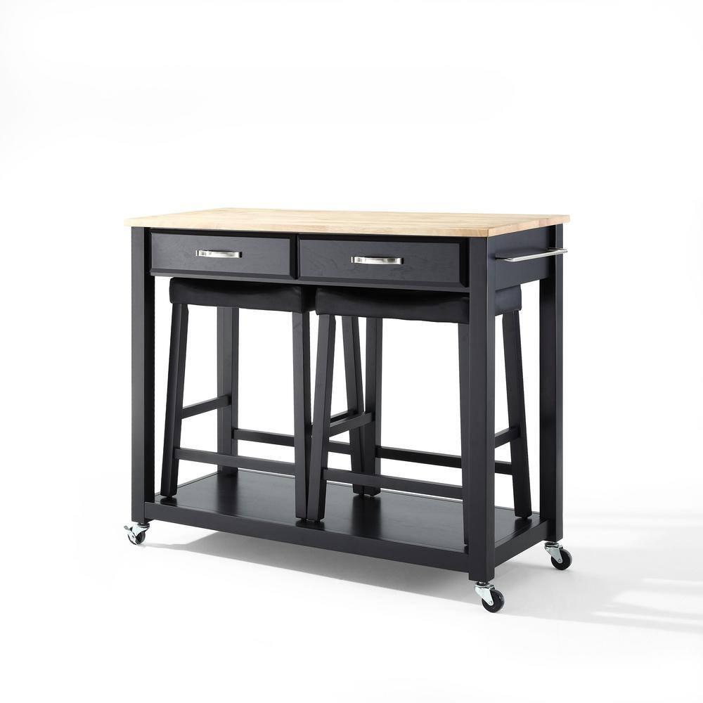Wood Top Kitchen Prep Cart with 2 Upholstered Saddle Stools Black - Crosley: Mobile Island, Storage, Towel Bar
