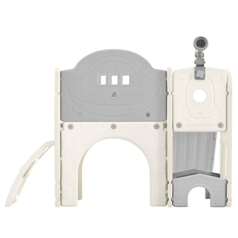 Gray and White 7-in-1 Freestanding Spaceship Playset with Slide, Telescope and Basketball Hoop