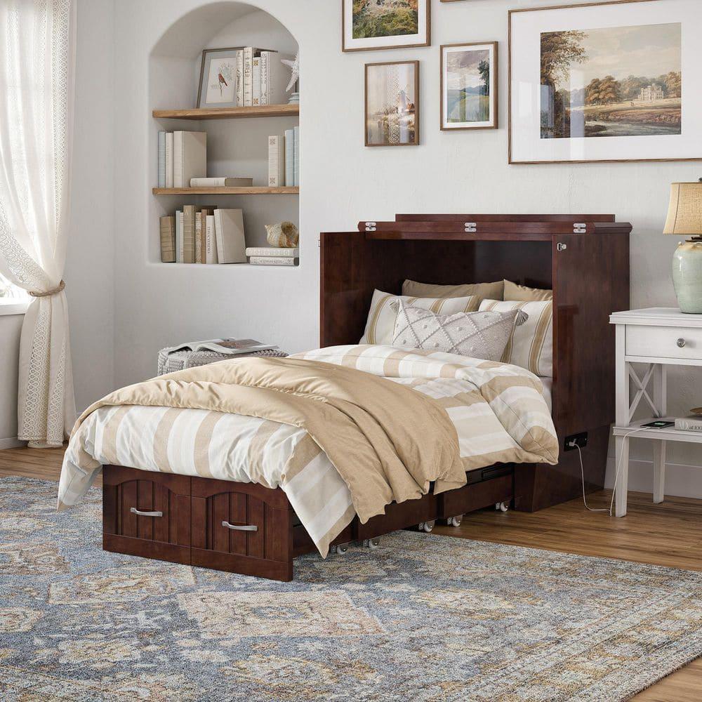 AFI Nantucket Twin Solid Wood Murphy Bed Chest with Mattress, Drawer & Charger, Walnut