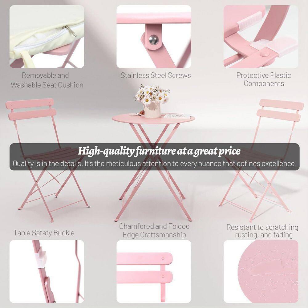 3-Piece Patio Bistro Set Outdoor Furniture Set Folding Bistro Table and Chairs with Premium Steel Frame Weather Resistant Conversation Set for Bistro Balcony Porch Yard Garden(pink with cushion)