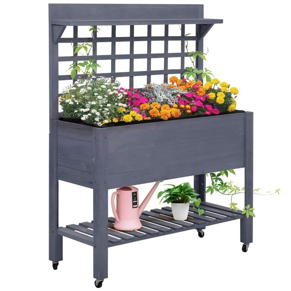 Gray Wood Raised Garden Bed with Trellis and Wheels