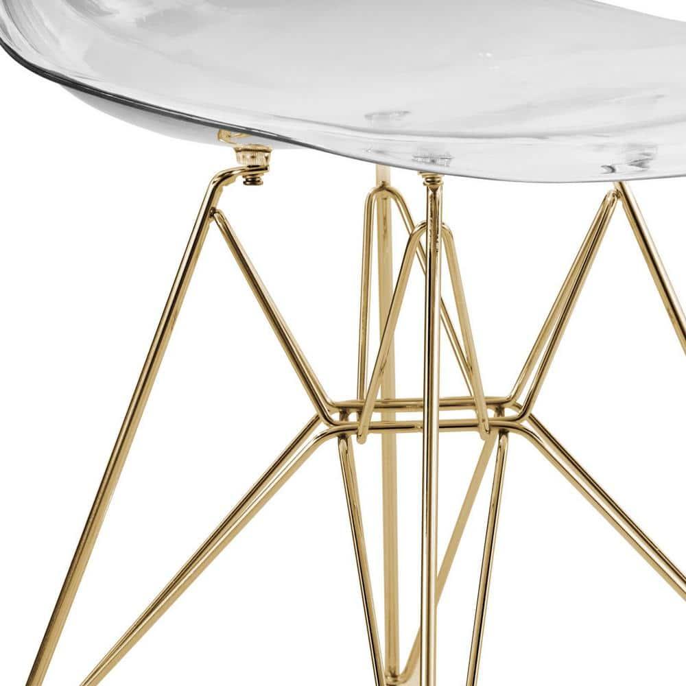 LeisureMod Cresco Series Modern Plastic Dining Chair Accent Side Chair with Brushed Gold Chrome Legs in Clear