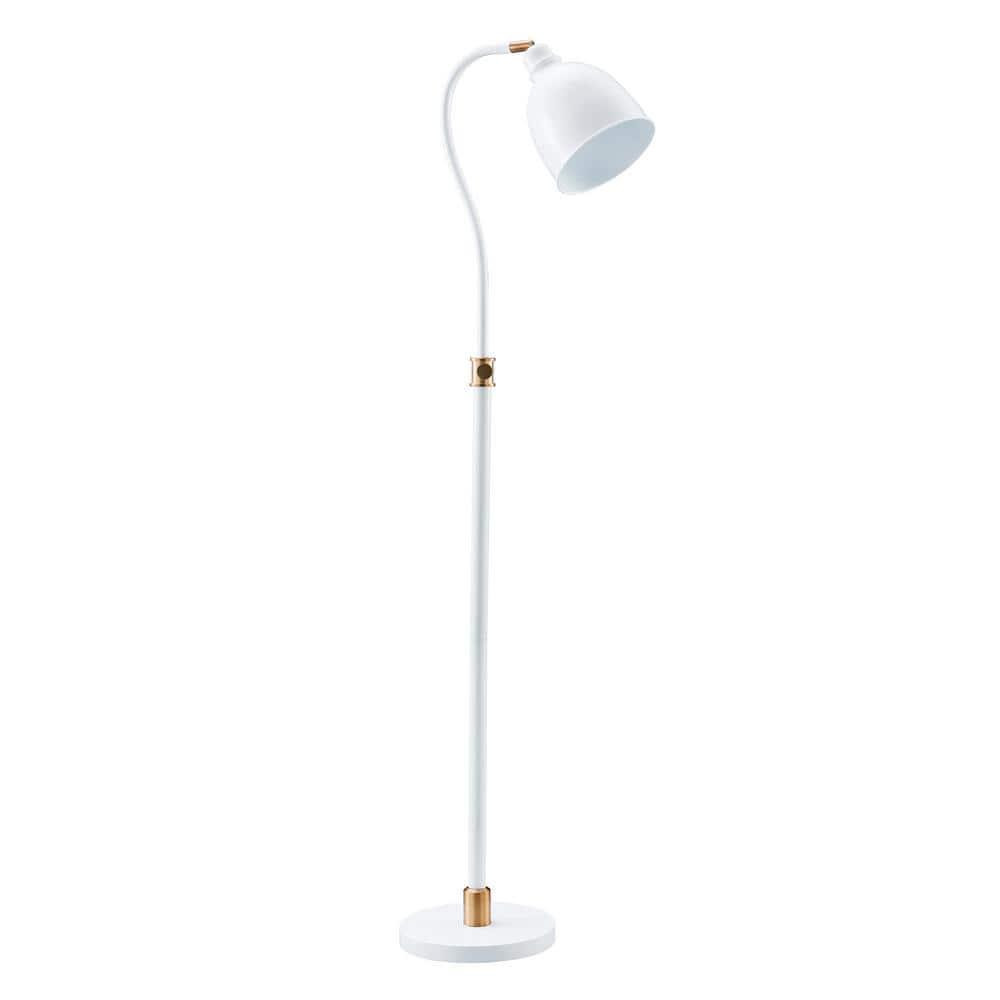 Evelyn&Zoe Vincent Adjustable/Arc Floor Lamp with Metal Shade, Matte White/Brass/Matte White