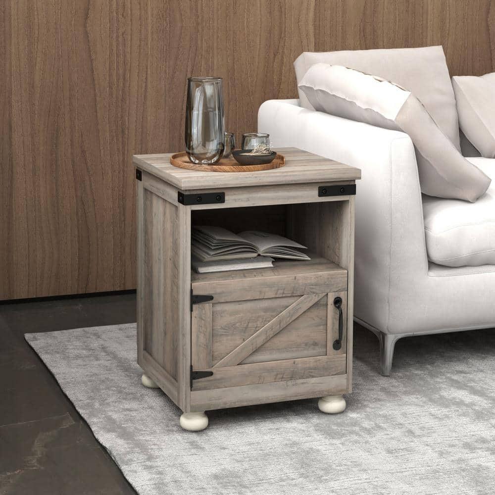HOMCOM Small Side Table, Farmhouse End Table with Open Shelf and Cupboard, Modern Sofa Table with Wood Legs for Living Room, Gray