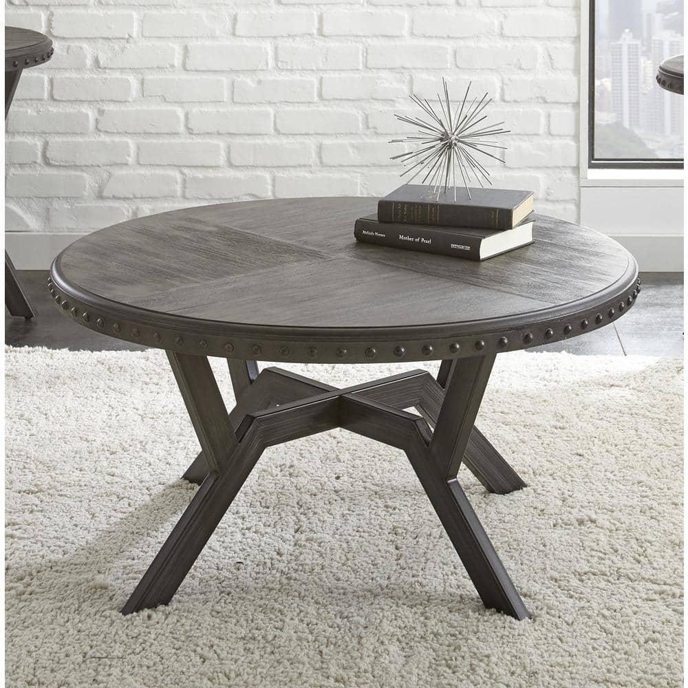Steve Silver Alamo Indoor Industrial Wood and Nailhead 18" Height Round Coffee Table, Gray