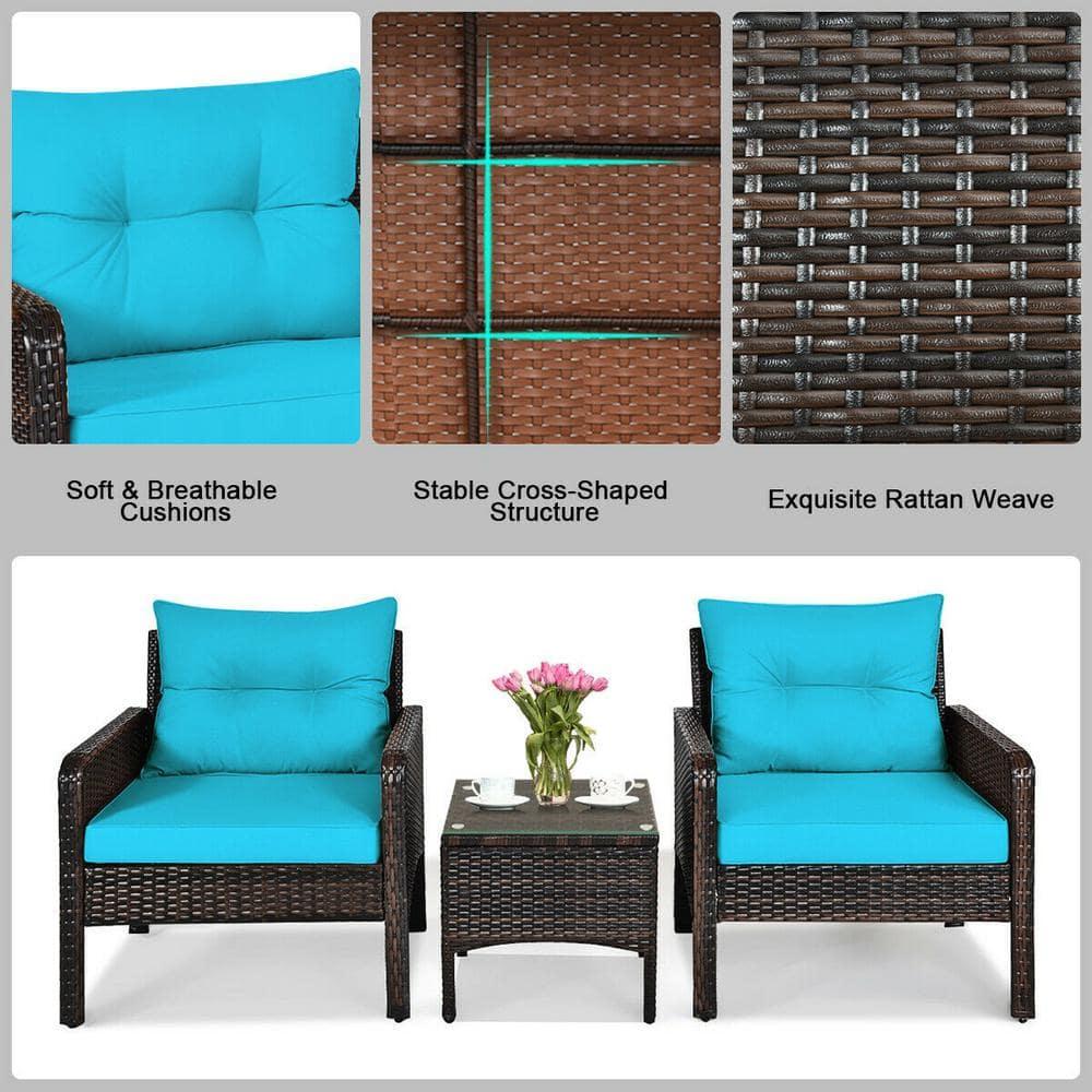 YYAo Garden Conversation Table Set, Conversation Loveseat Chairs Set, 3 Pcs Outdoor Patio Rattan Conversation Set with Seat Cushions-Turquoise