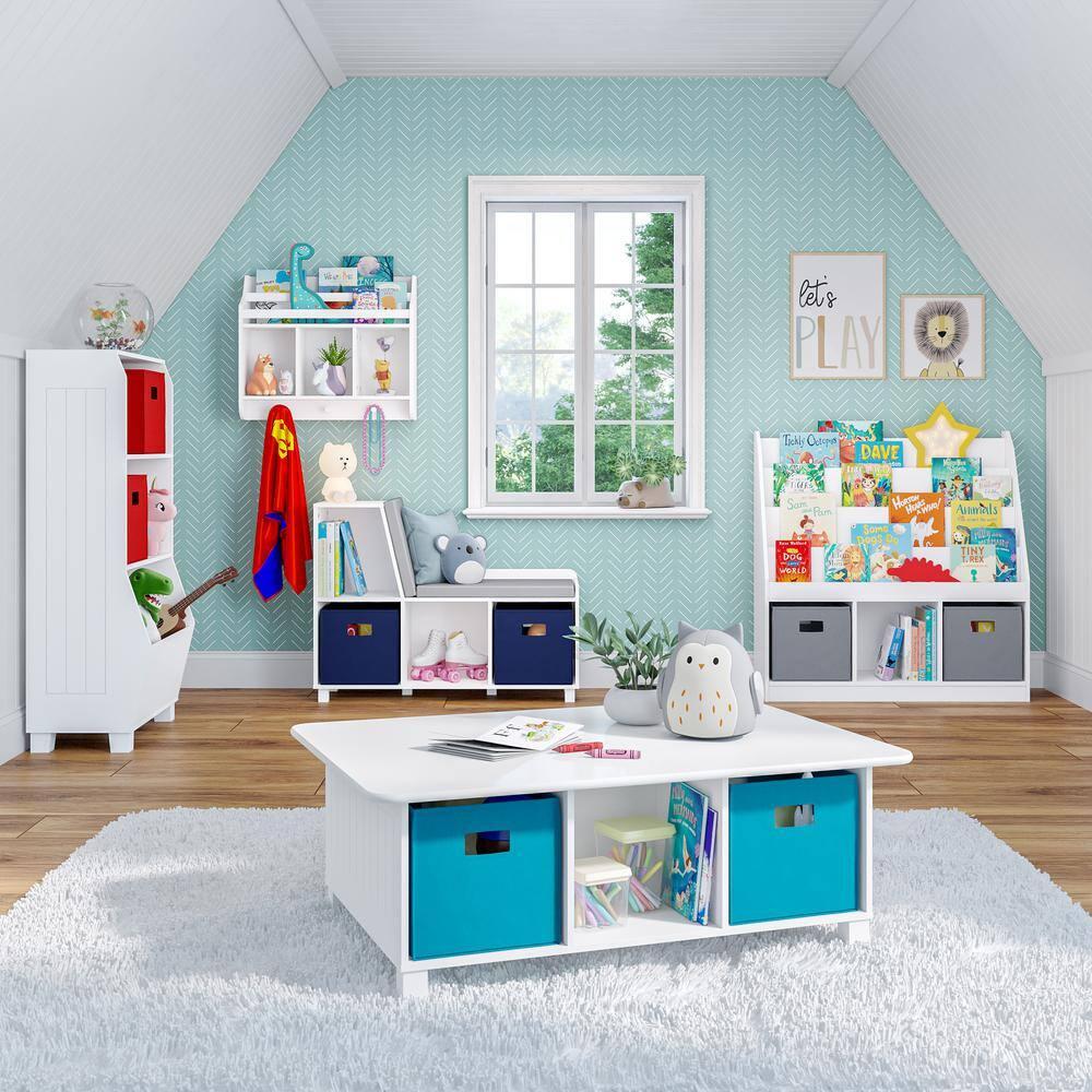 RiverRidge Kids Playroom Bookrack with 3 Toy Organizer Cubbies and 4 Book Shelves - White with 2 Gray Fabric Bins