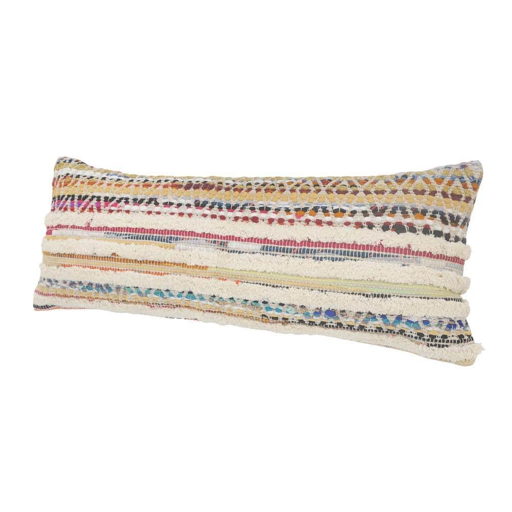 ZeaZu 14" X 36" Off-White Red Blue Orange And Green 100% Cotton Striped Zippered Pillow