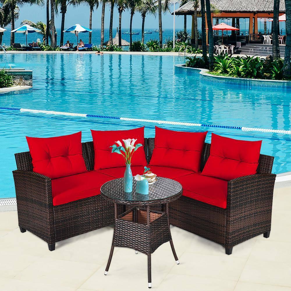 Costway 4PCS Outdoor Patio Rattan Furniture Set Cushioned Sofa Table Red