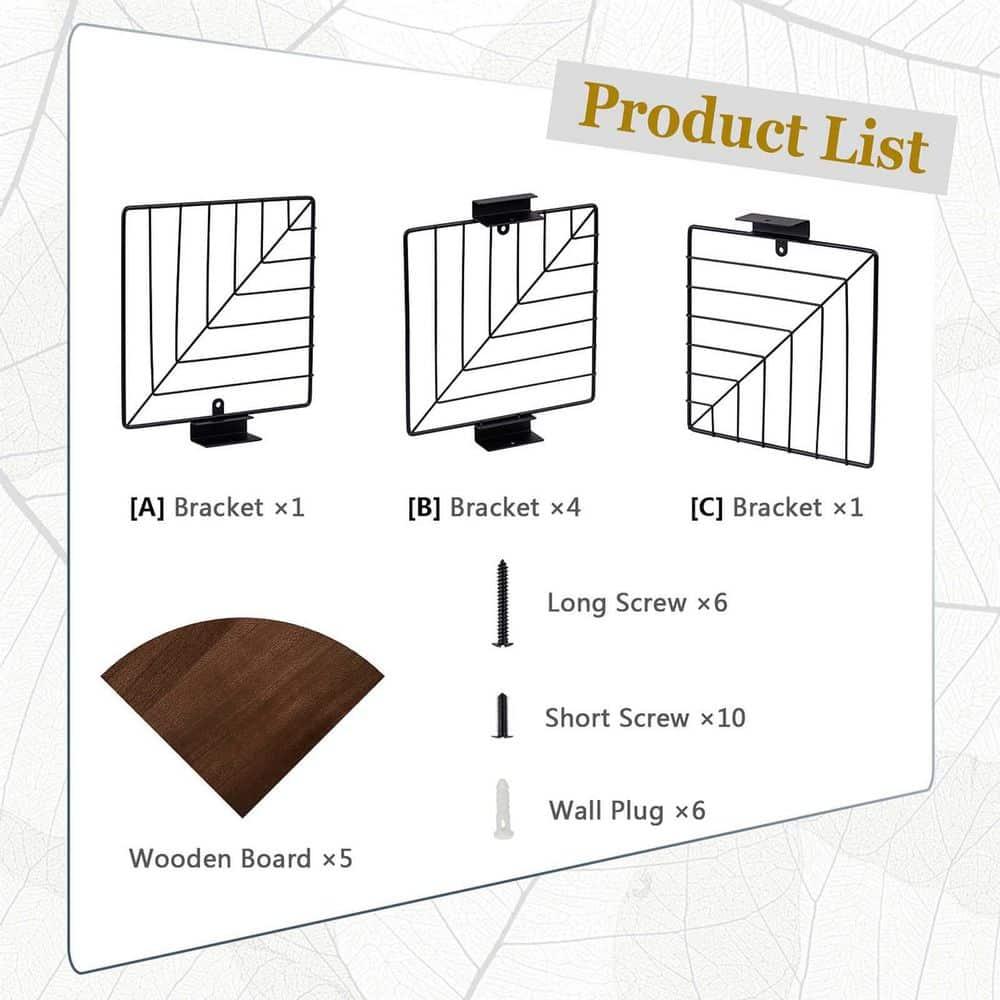 Dark Walnut 5-Tier Floating Corner Wall Shelves with Metal Brackets