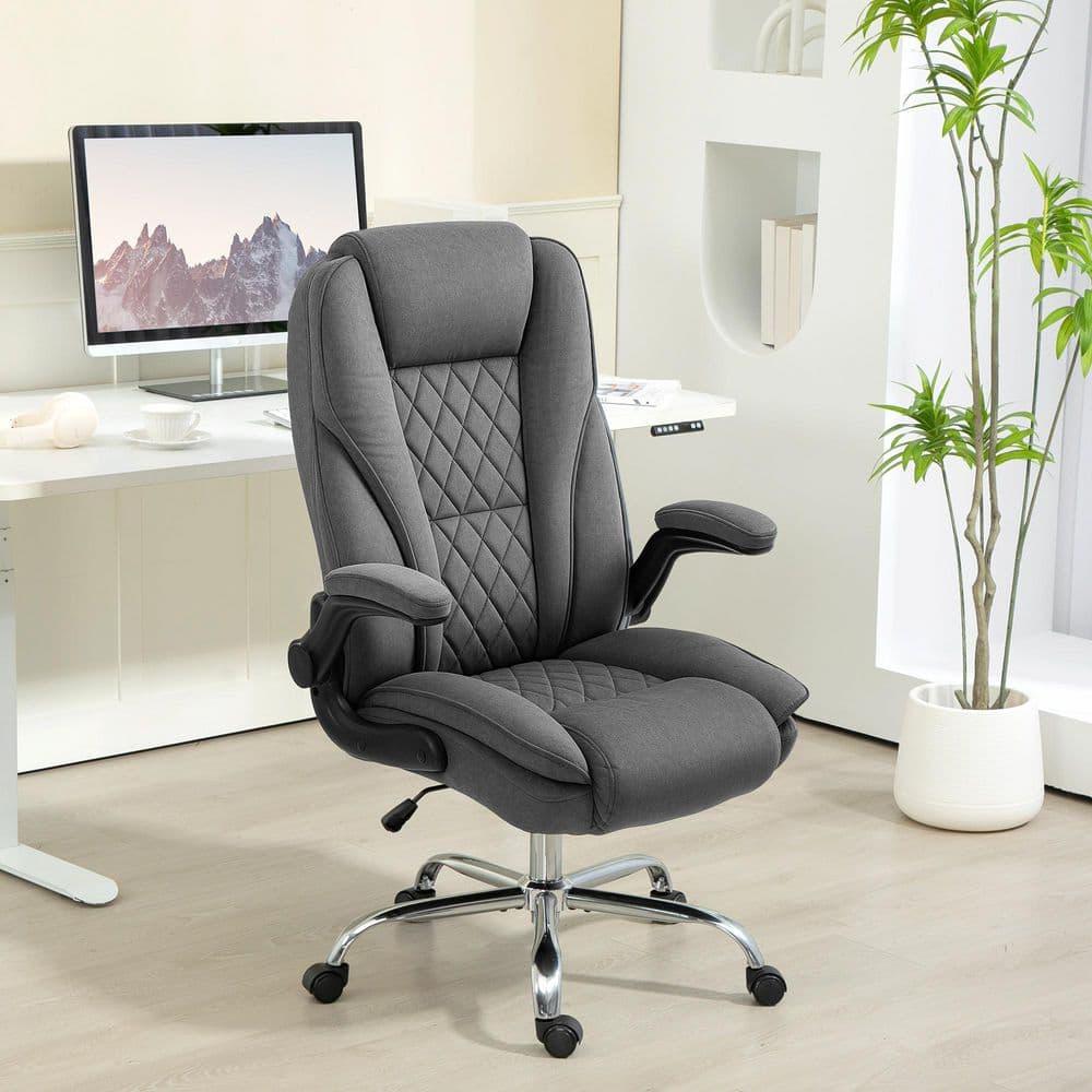 HOMCOM Executive Office Chair, Fabric Comfy Computer Desk Chair with Swivel Wheels, Flip-up Armrest, Adjustable Height, Charcoal Gray