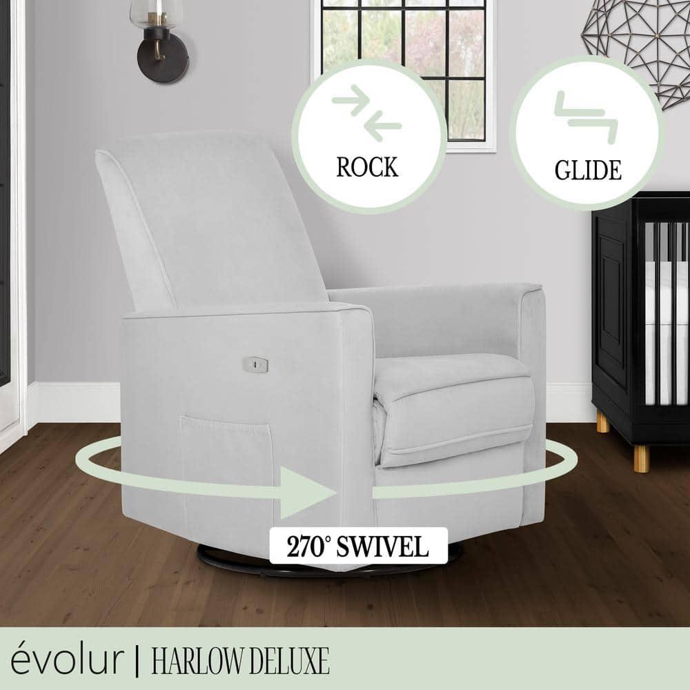 Evolur Harlow Deluxe Greenguard Gold Certified Upholstered Plush Seating Glider Swivel & Power Recliner, Grey