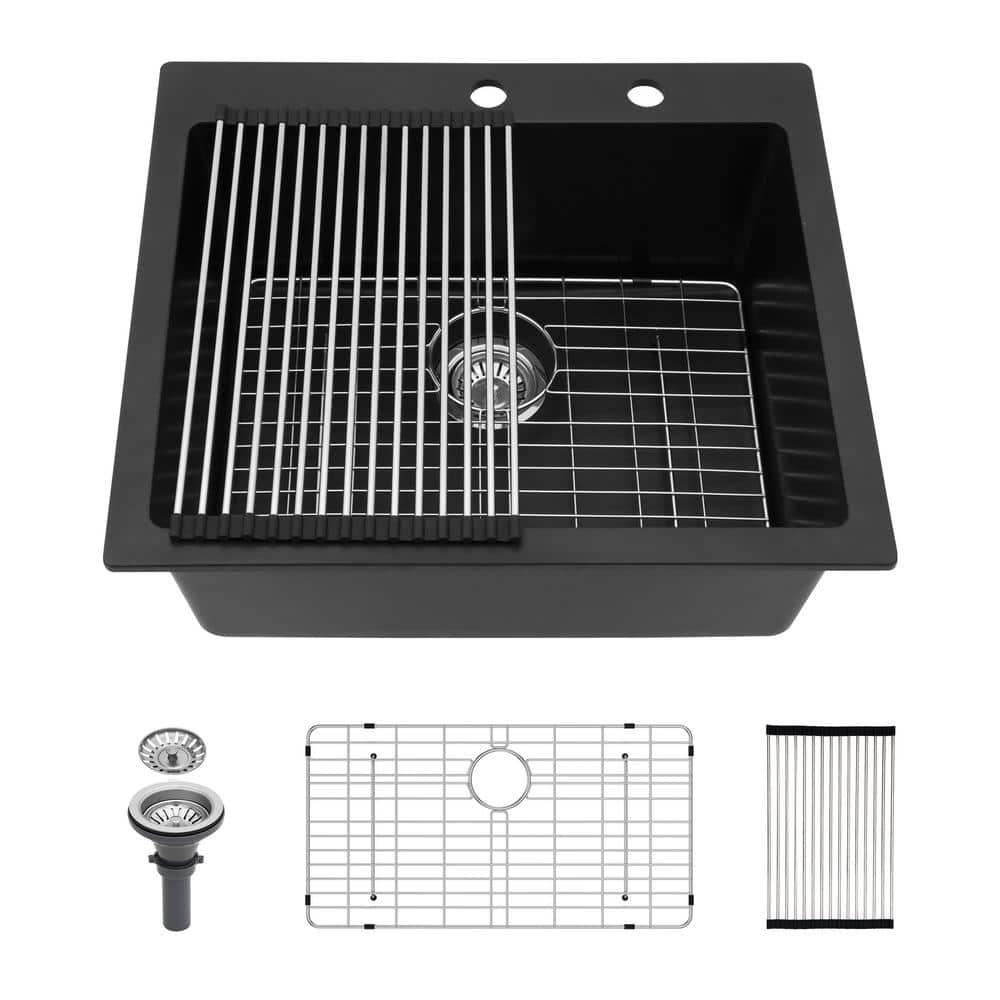 Quartz Kitchen Sink - 25X22" Black Granite Composite Drop In Kitchen Sink