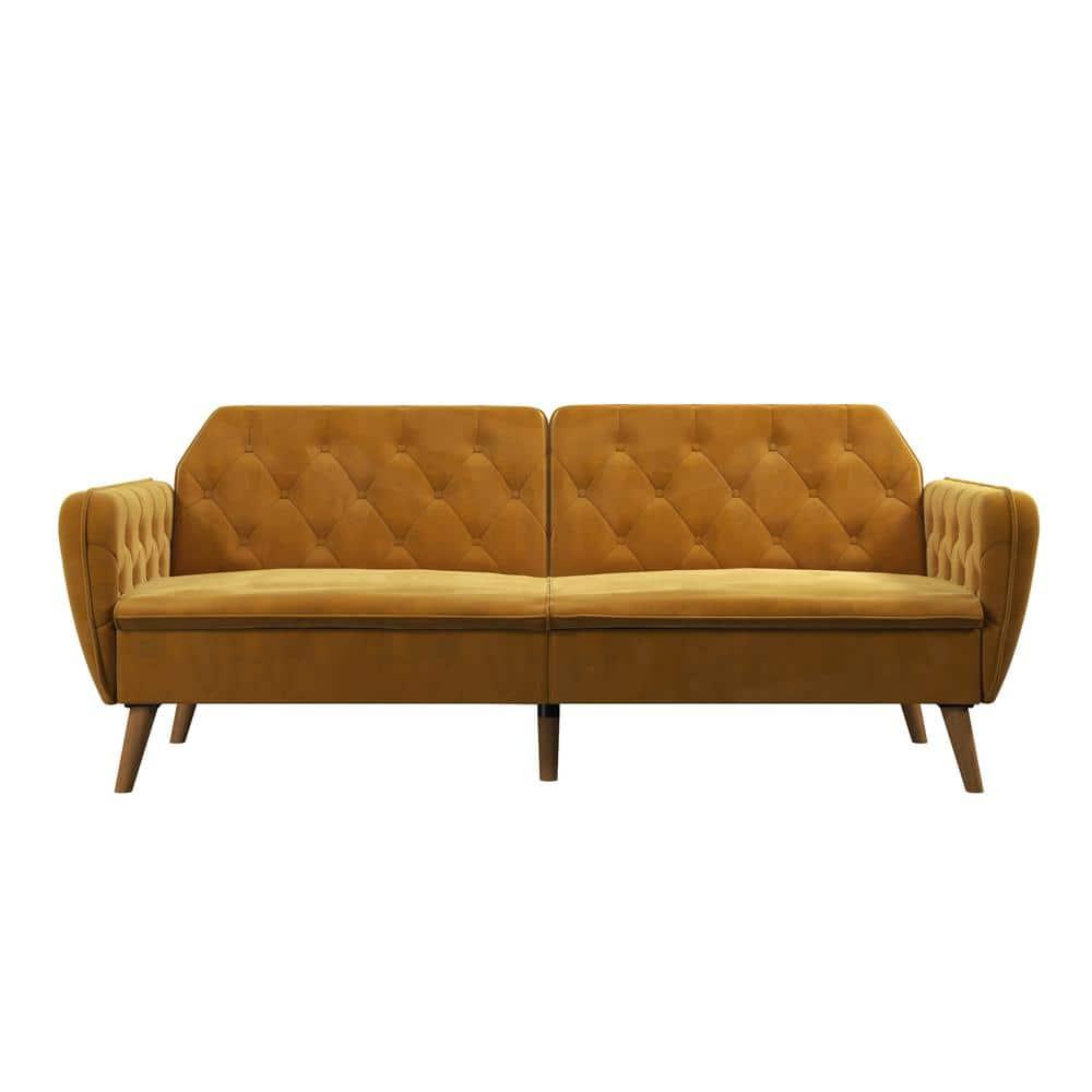 Tallulah Memory Foam Futon and Sofa Bed Mustard Yellow - Novogratz: Velvet Upholstery, Split-Back Design, Wooden Legs