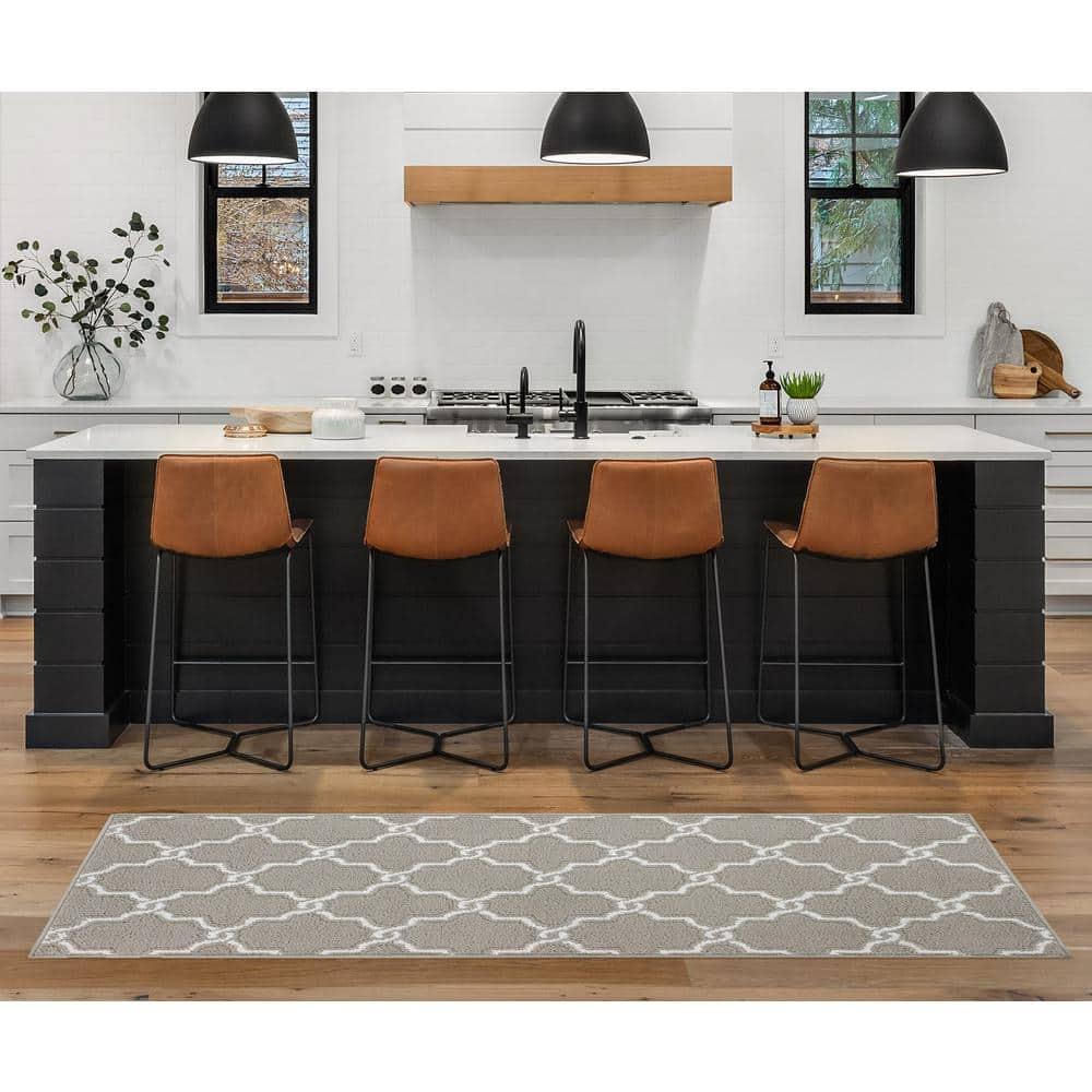 Light Grey and White Geometric Tufted Runner Rug with Non-Slip Backing
