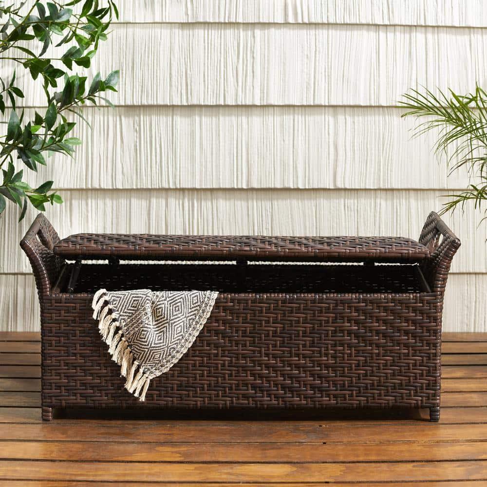 Wing Wicker Patio Storage Bench - Multi Brown - Christopher Knight Home: Iron Frame, Water & UV Resistant, Seats 2