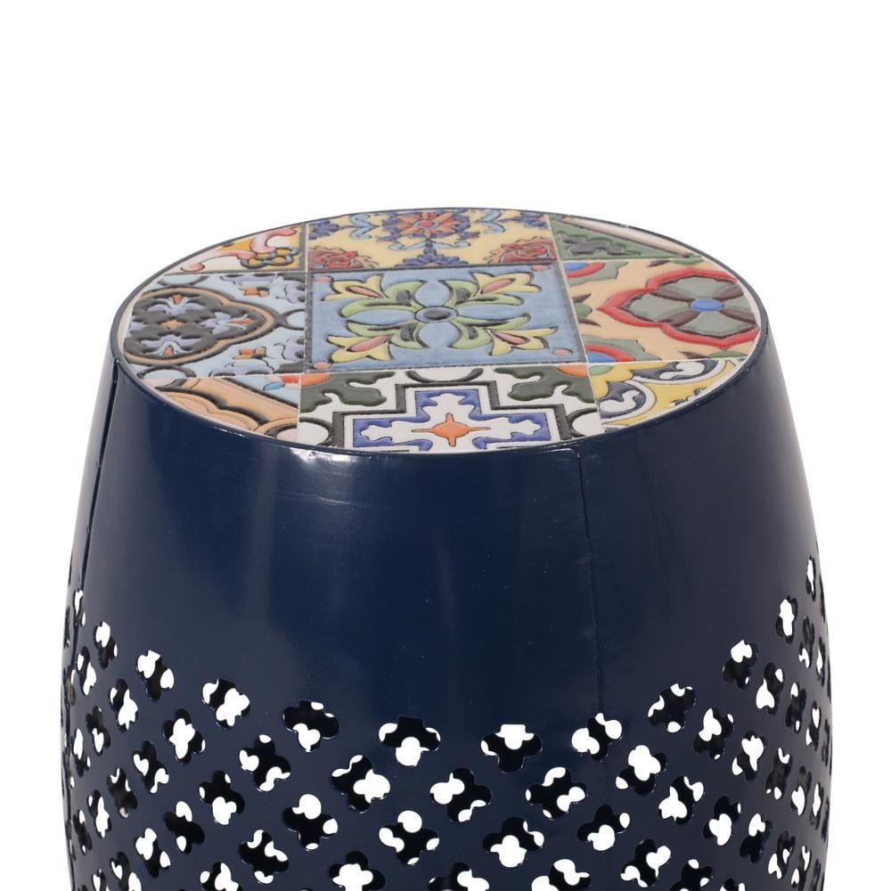 GDF Studio Kalyse Outdoor Lace Cut Side Table with Tile Top, Dark Blue and Multicolored