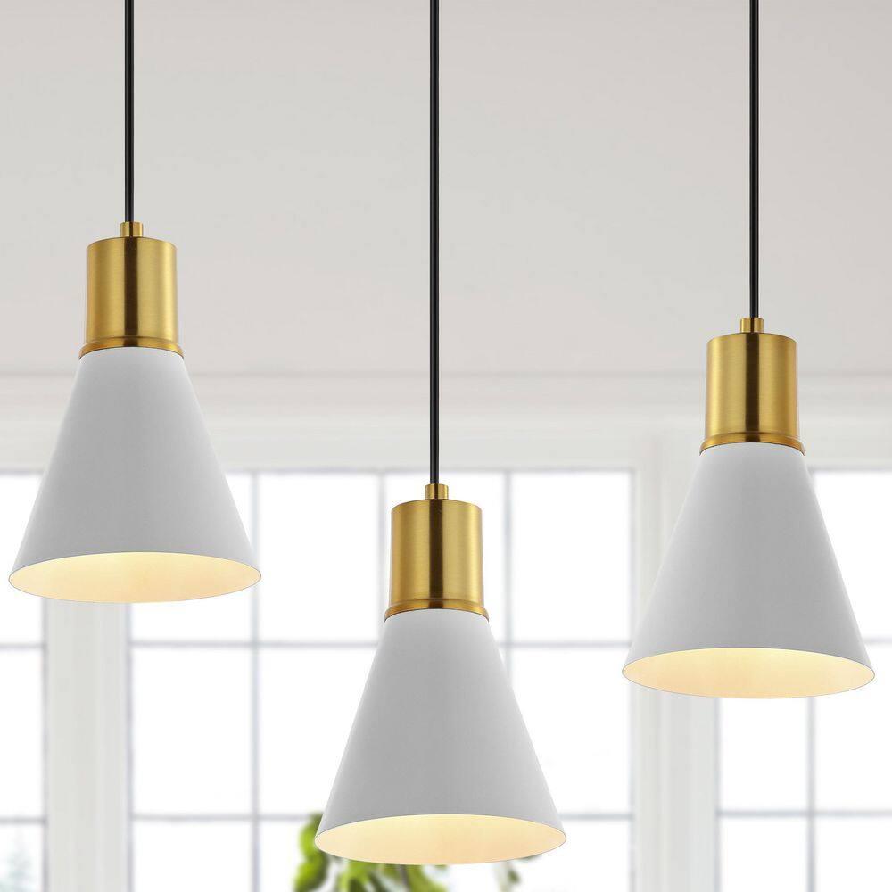 Apollo 33.5" 3-Light Mid-Century Modern Iron Adjustable Linear LED Pendant, White/Brass Gold