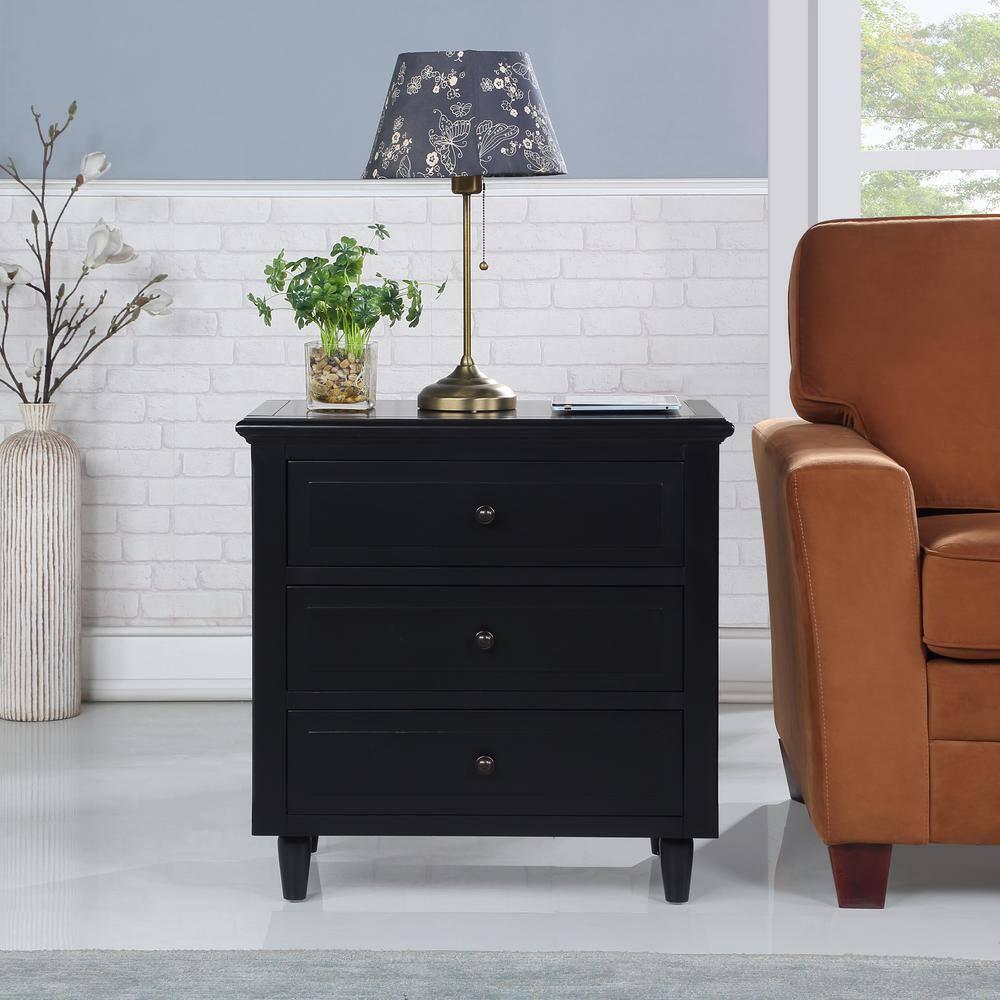 Glavbiku Modern 3 Drawer Nightstand,Wood Bedside Table for Bedroom,Black,28.1" H x 27.9" L,Adult
