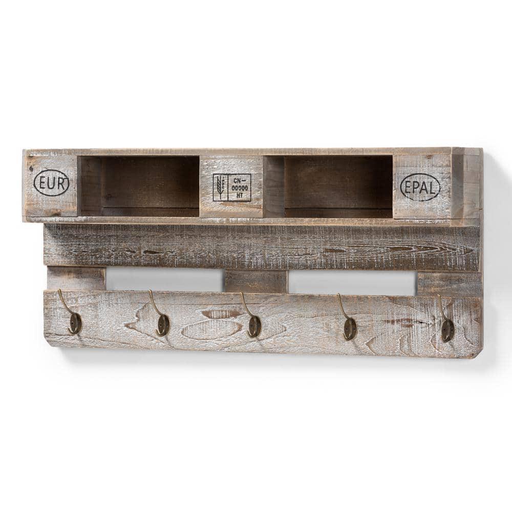 Baxton Studio Ferguson Vintage Rustic Whitewashed Oak Finished Wood Wall Mounted Coat Rack with Shelves Oak: Metal Accents, No Assembly Required