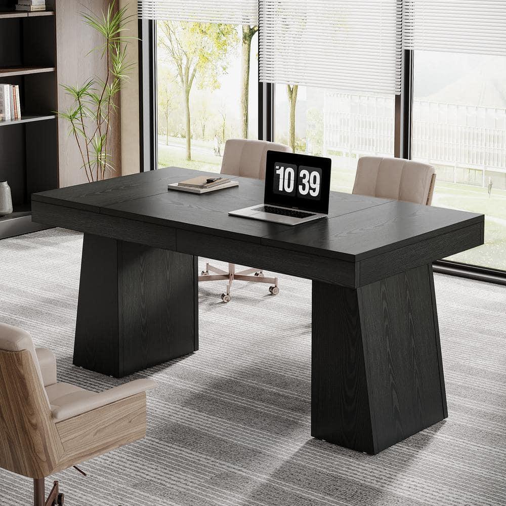Moronia 55.1 in. Rectangle Black Wood Executive Desk with Double Trapezoid Base, Computer Desk Business Workstation Desk