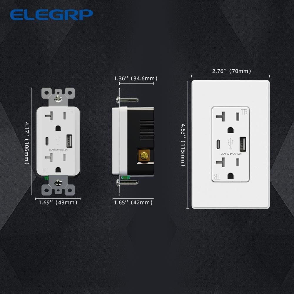White 21W USB Wall Outlet with Type A and Type C Ports