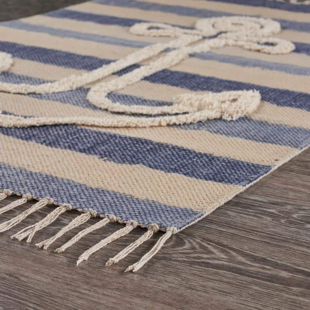 Ox Bay Blair 2'6" x 3'9" Blue/Beige Shag Anchor Striped Durable Indoor Area Rug