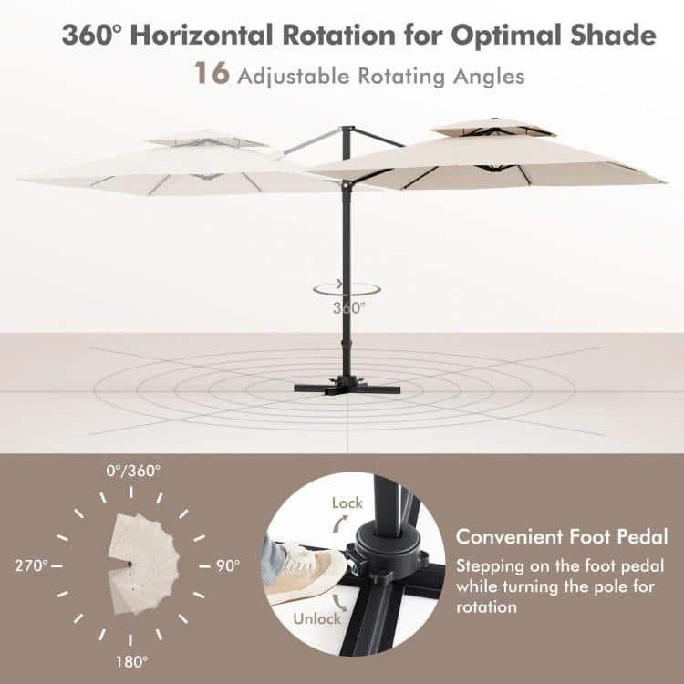 Tangkula Patio 9.5FT Square Cantilever Offset Umbrella Double Vented 360° Heavy Duty Beige
