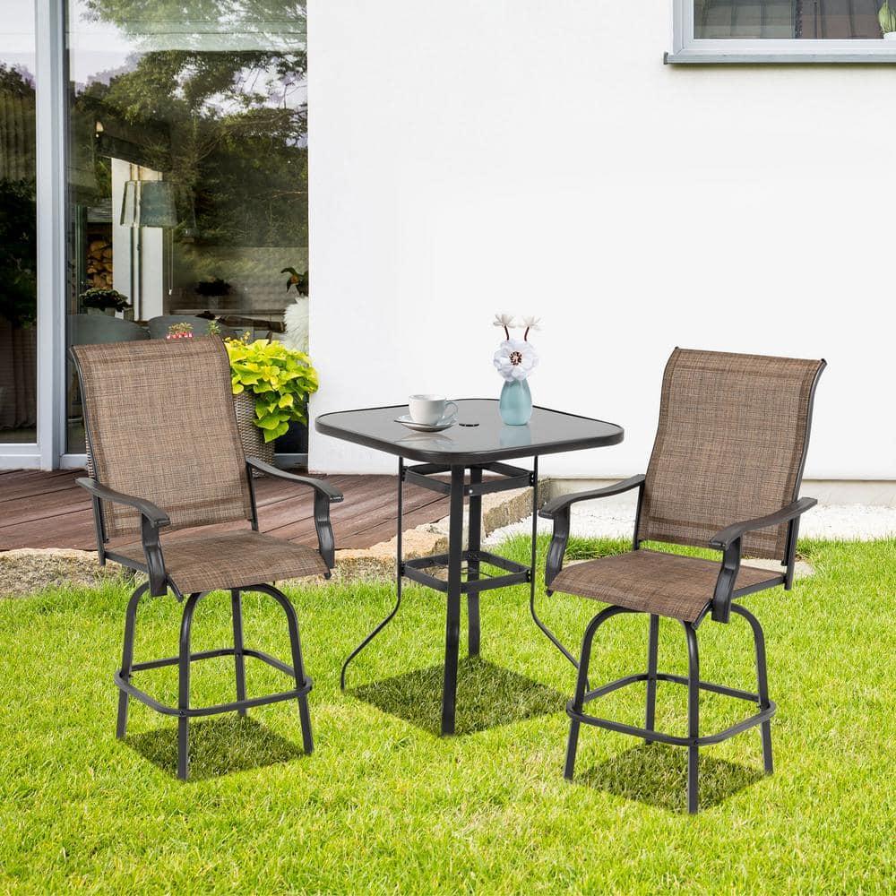 Canora Grey Outsunny Set of 2 Outdoor Swivel Bar Stools with Armrests, Bar Height Patio Chairs with Steel Frame , Brown