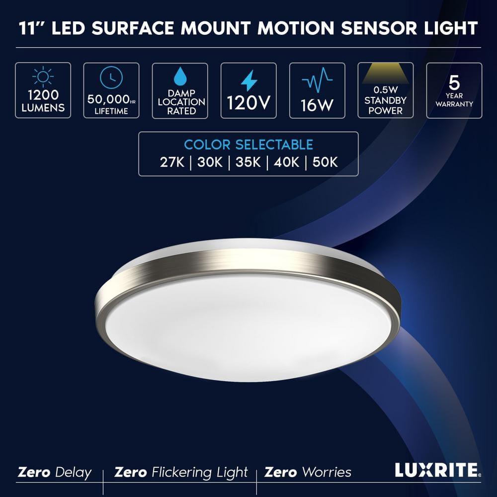 Luxrite Motion Sensor LED Flush Mount Ceiling Light, 11 Inch, 5CCT 2700K-5000K, 16W, 1200 Lumens, ETL