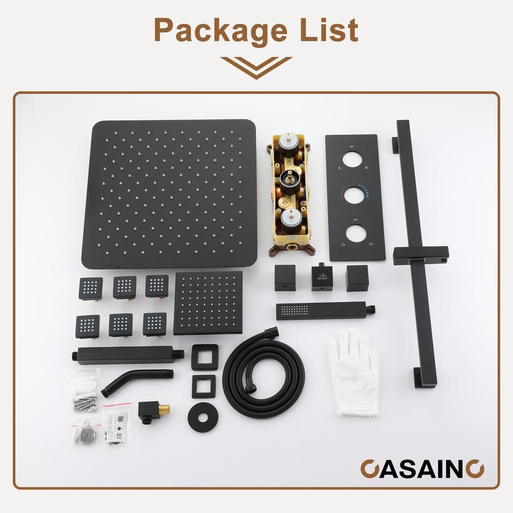 CASAINC Rainfall Symphony 16inch Dual Shower Head Rainfall Thermostatic Shower System with 16-inch Slide Bar and Body spray KCHS0019-16MB