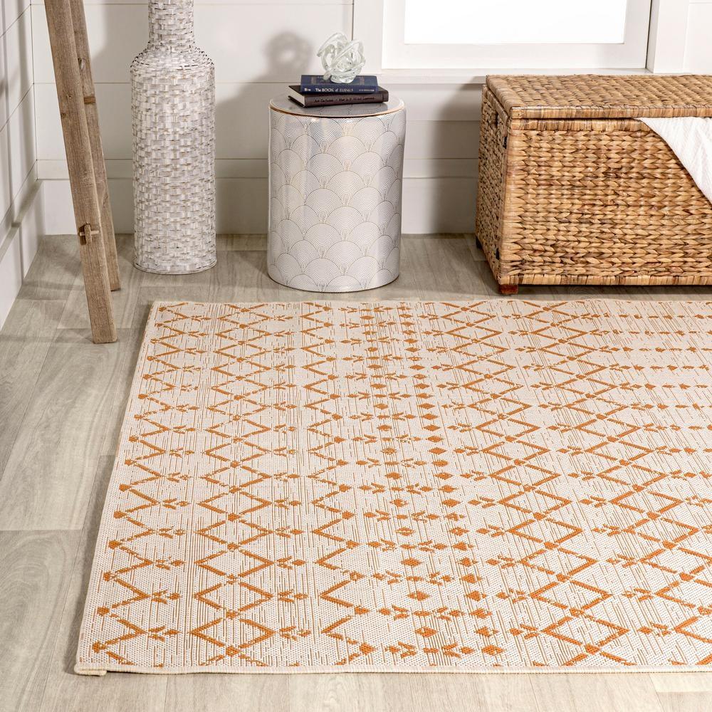 3' x 5' Ourika Moroccan Geometric Textured Weave Indoor/Outdoor Area Rug, Cream/Orange - JONATHAN Y