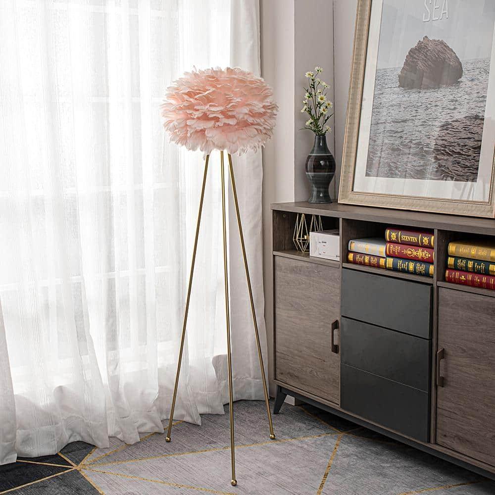 Maxax Feather Floor Lamp, Tripod Floor Lamp with Pink Feather Shade, Standing Light for Bedrooms/Dining Room/Living Room/Kitchen,Gold Classic